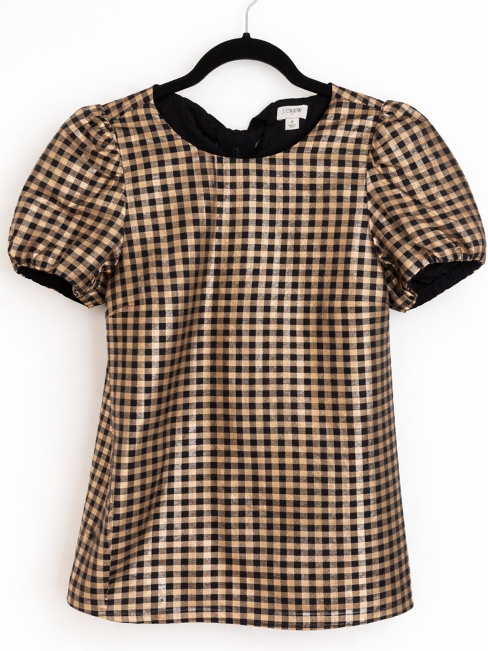 J. Crew Black and Tan Gingham Puff Sleeve Top